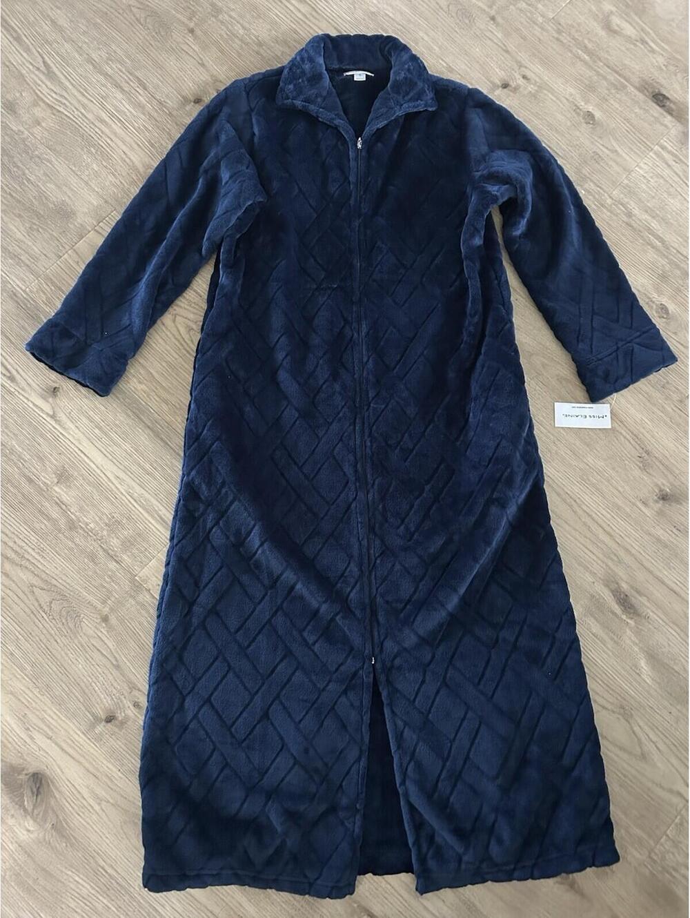 Miss Elaine Navy Blue Fleece Long Sleeve Full Zip Night Gown Robe House Coat S